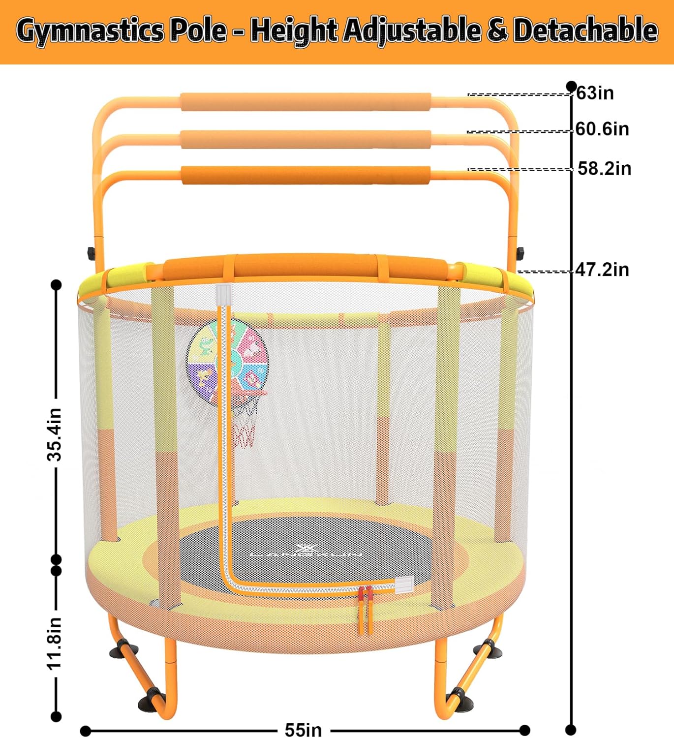 LANGXUN 5ft 60 inch 6-in-1 Kids Trampoline, Toddler Mini Bouncer with Swing, Basketball Hoop, Dart Board and Ring Game, Indoor Outdoor Play Set for Boys Girls