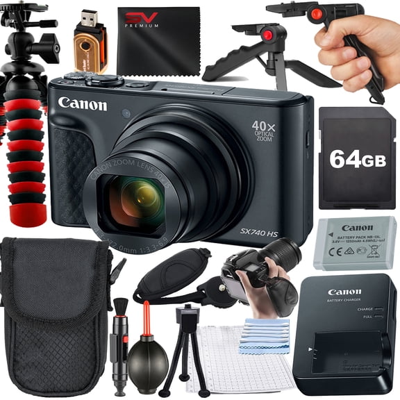 Canon PowerShot SX740 HS Digital Camera (Black) with 2 Pack SanDisk 64GB Memory Card   Case   Tripod   SV Premium Accessory Bundle (International Version)