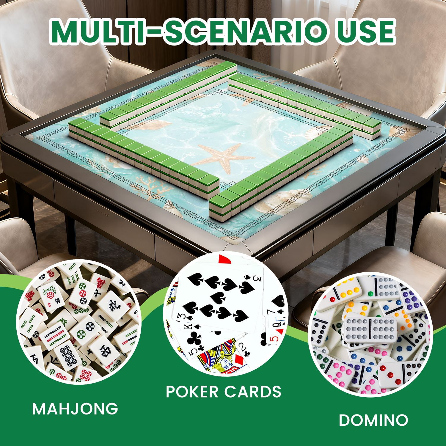Mahjong Mat 31.5" x 31.5" Seashell Starfish Turquoise Ocean Non-Slip Noise Reduction American Mahjong Tiles Table Cover for Dominoes Poker Card Board Games Gift