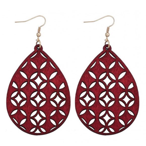 (burgundy) - Women Lightweight Bohemian Wooden Teardrop Cut-Out Dangle Earrings (Burgundy)