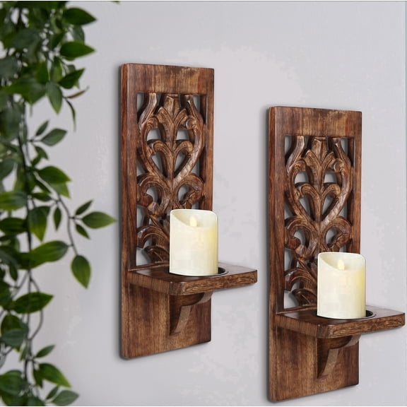 Burnt Wood Wall Sconces Set of 2 - Wall Mounted Pillar Candle Holders for Christmas Decoration, Rustic Wooden Scones, 16 Inch Wall Décor for Living Room & Bedroom