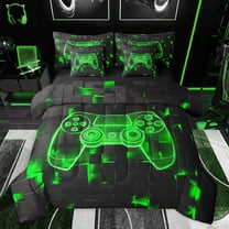 jejeloiu Teens Video Game 7-Piece Twin Bedding Sets,Cartoon Console Gamepad Bedding Comforter Set,Neon Green Plaid Sheet Sets For Teens,Breathable Home Decor Reversible