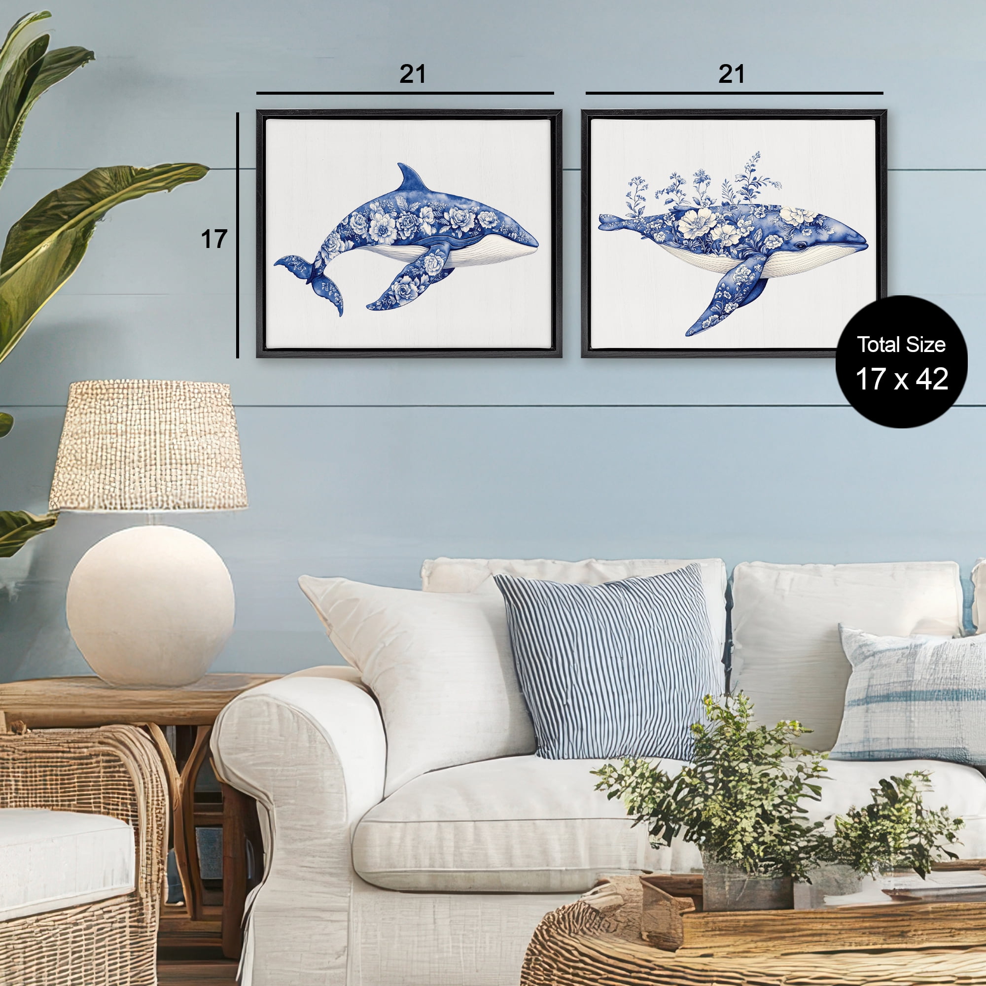 Blooming Toile Pattern Whales 2 Piece Black Framed Floater Canvas Set, design by Lettered and Lined