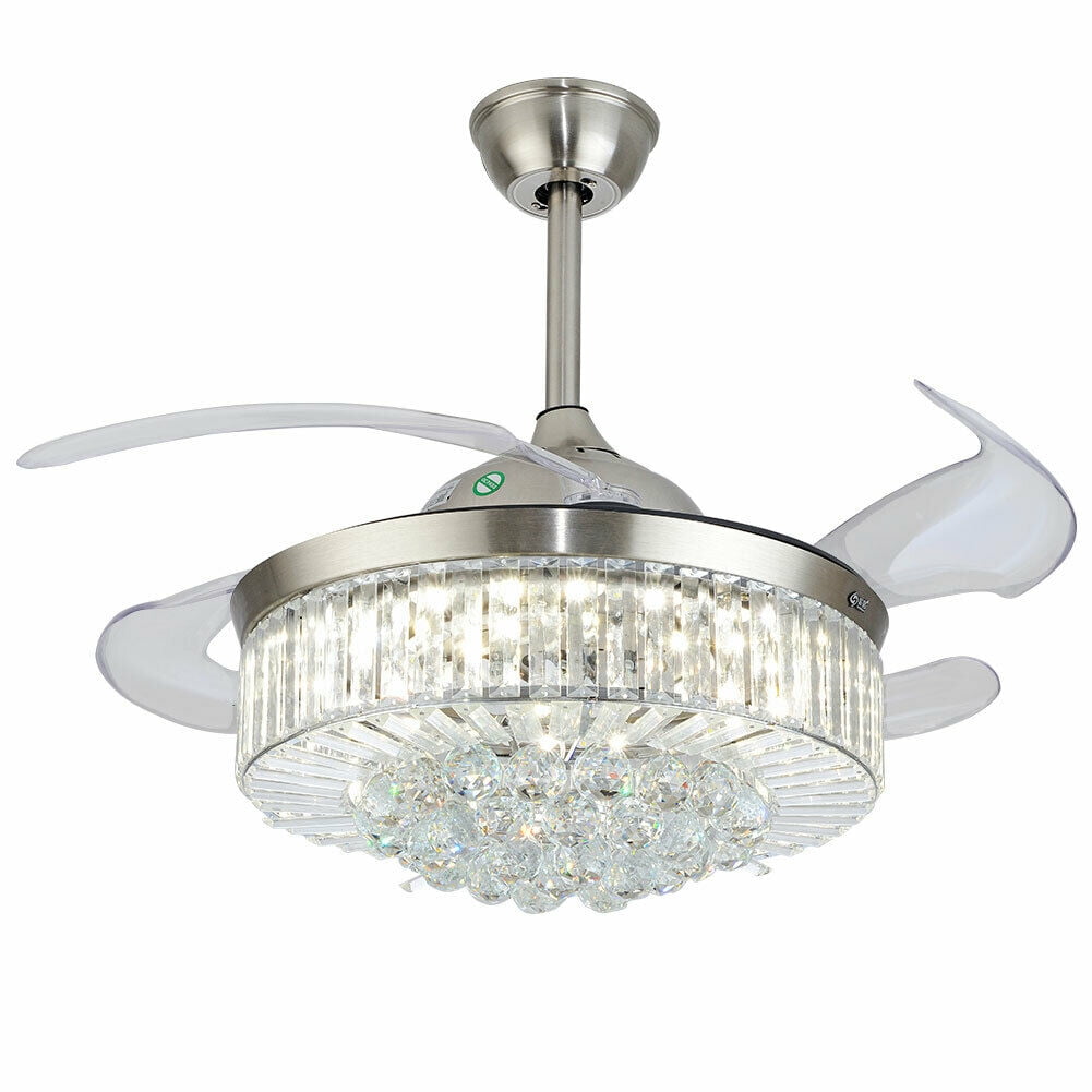 36"/42" Crystal Ceiling Fan w/ LED Light Chandelier Retractable Fan Lamp Remote 