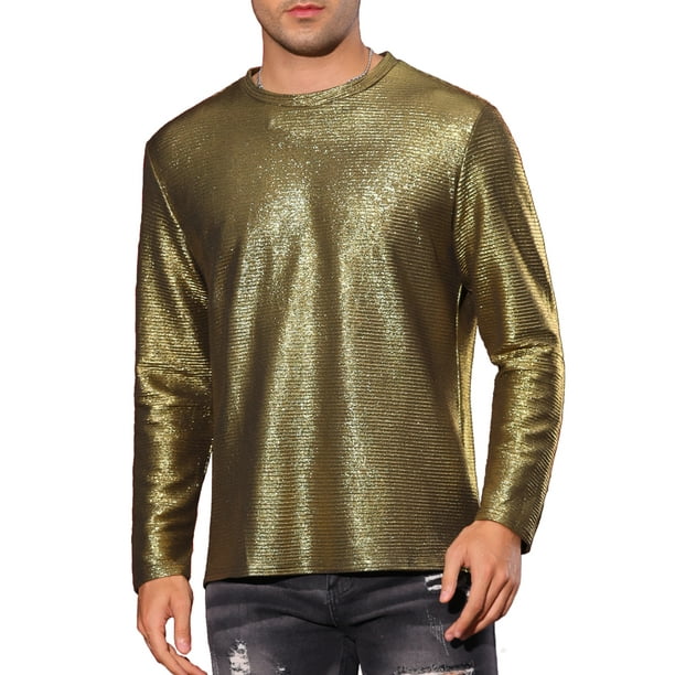 Camiseta metálica INSPIRE CHIC de manga larga para hombres, camiseta brillante con rayas impresas 2XL dorada