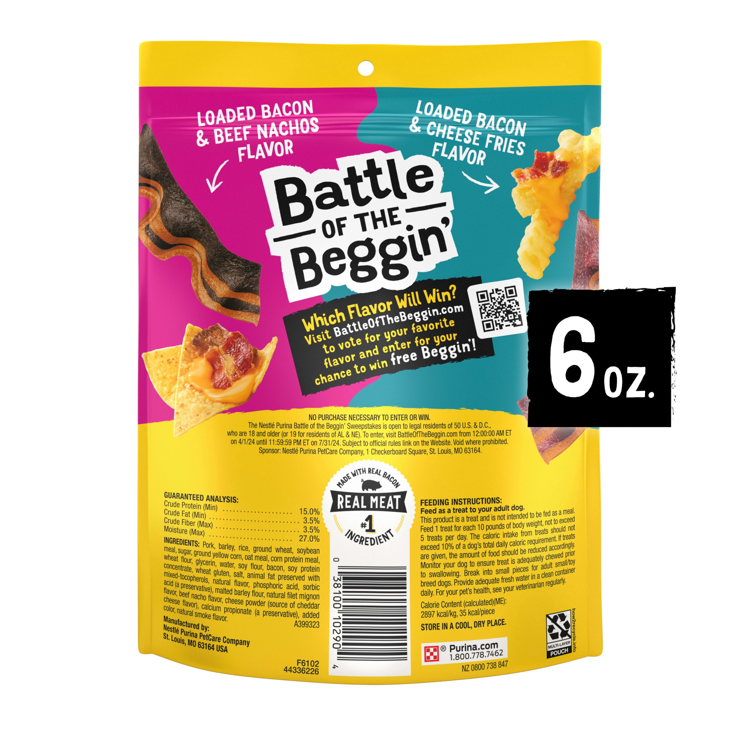 (2 pack) Purina Beggin' Strips Dog Treats with Real Bacon & Beef Nachos Flavors Tender Chews, 6 oz Pouch