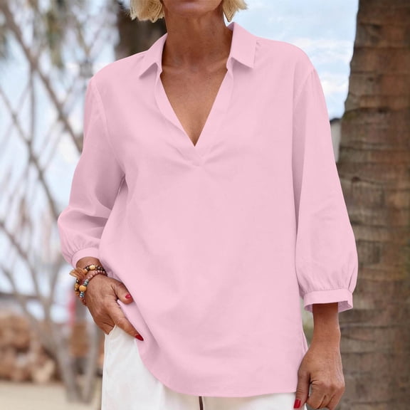 Mifsaly 3/4 Sleeve Tops for Women Linen Top Deep V-Neck Dressy Casual Blouses Oversized Elegant Office Everyday Summer Clothes XXL