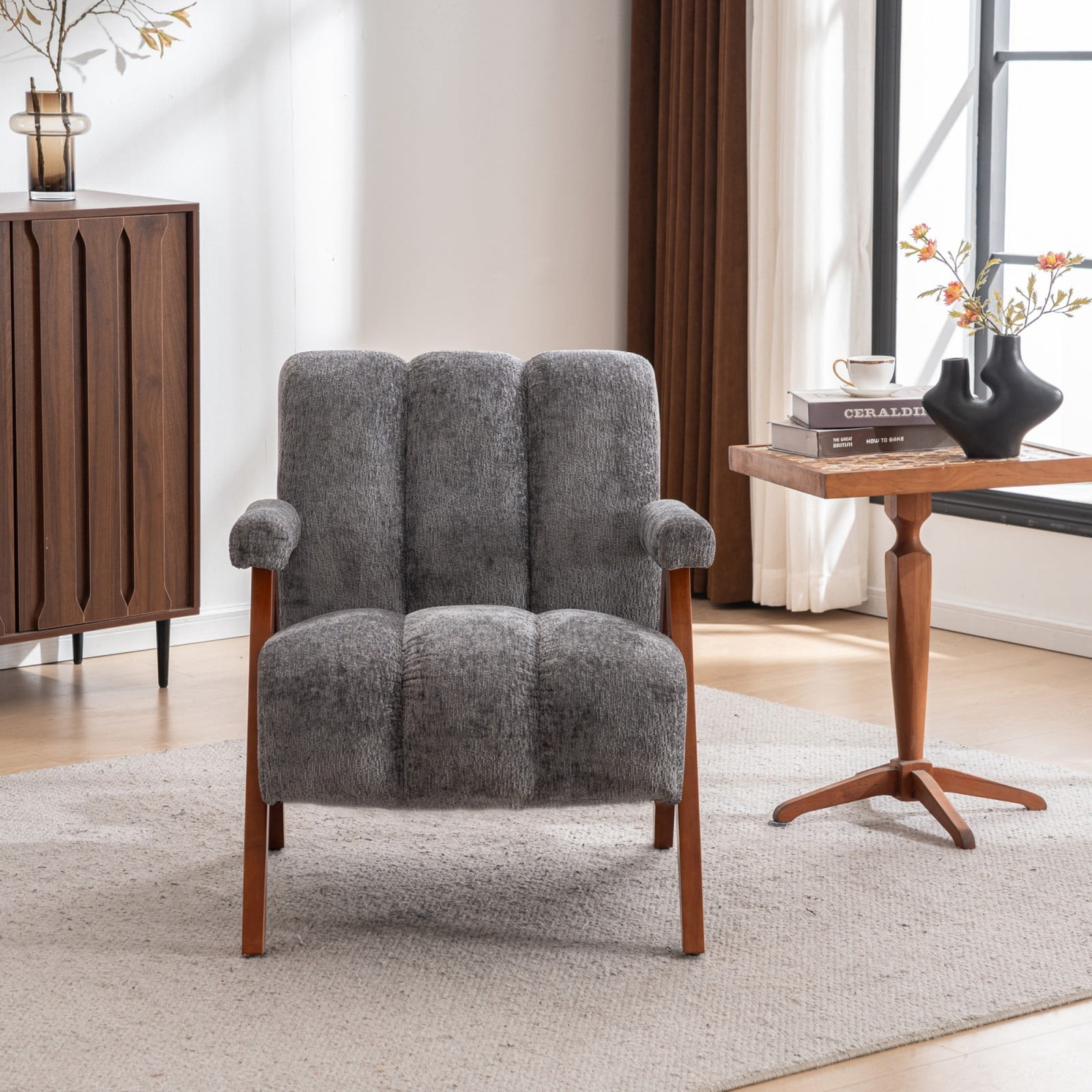 Mid-Century Modern Accent Chair Set of 2, Cloud-Shaped Chenille Lounge Armchair with Solid Oak Wood Frame, Upholstered Reading Chair for Living Room Bedroom Balcony, Gray
