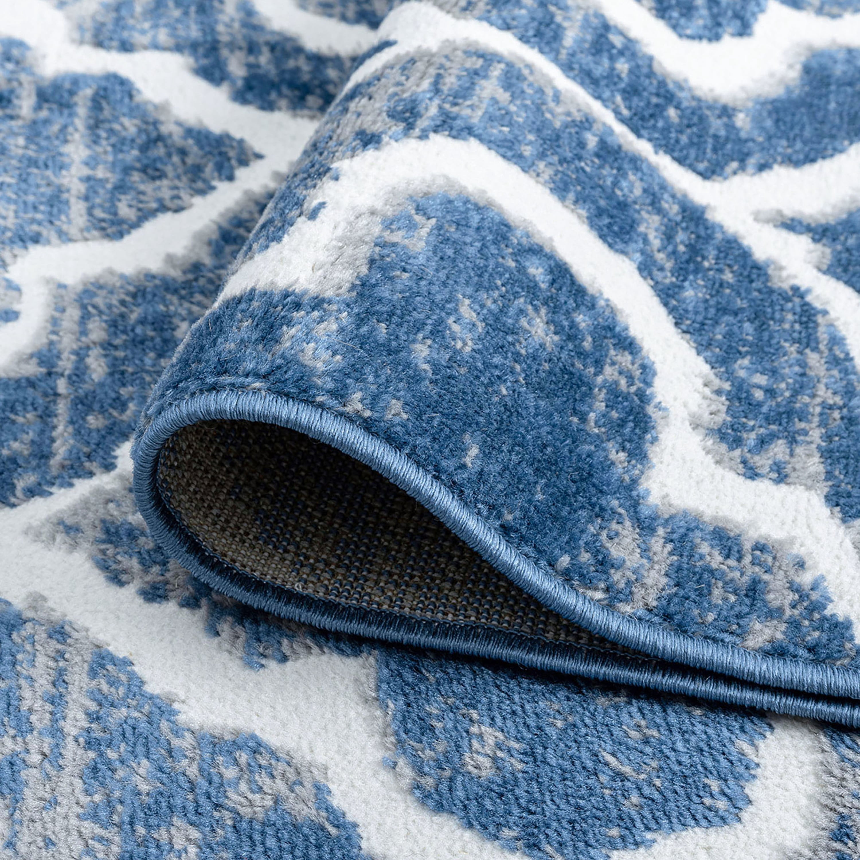Transitional 8x10 Area Rug (7'11'' x 10'3'') Geometric Blue, White Living Room Easy to Clean