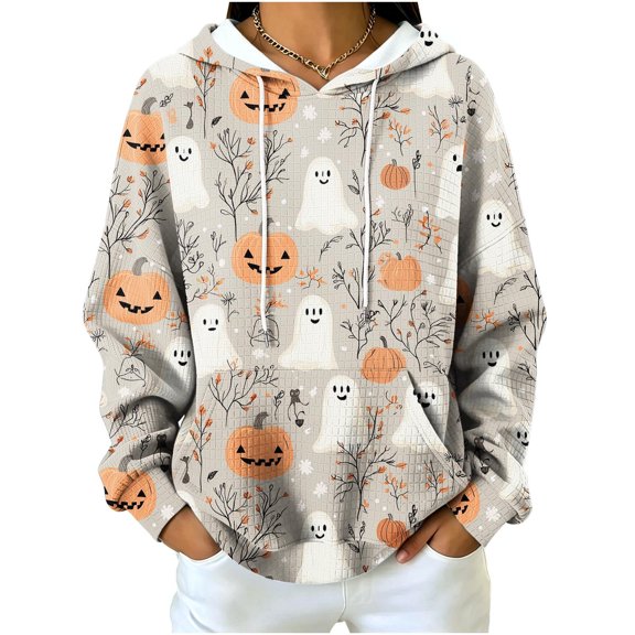 Qiopertar Women's Halloween Hoodie Graphic Print Long Sleeve Crewneck Loose Casual Pullover Tops Fall Party Holiday Top, Khaki XXL
