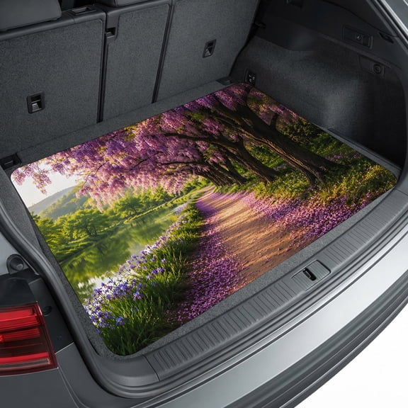 Universal Car Trunk Mat 29"x39", Purple Wisteria Blooms Waterproof Cargo Liner, Non-Slip Durability Cargo Mat, Countryside Lavender Path Romantic All Weather Rear Trunk Protector for Car SUV