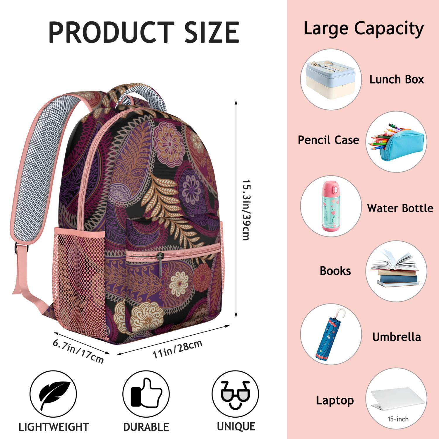 Paisley Boho Vintage Backpack - Waterproof Ergonomic Bookbag with Spacious Compartments for School