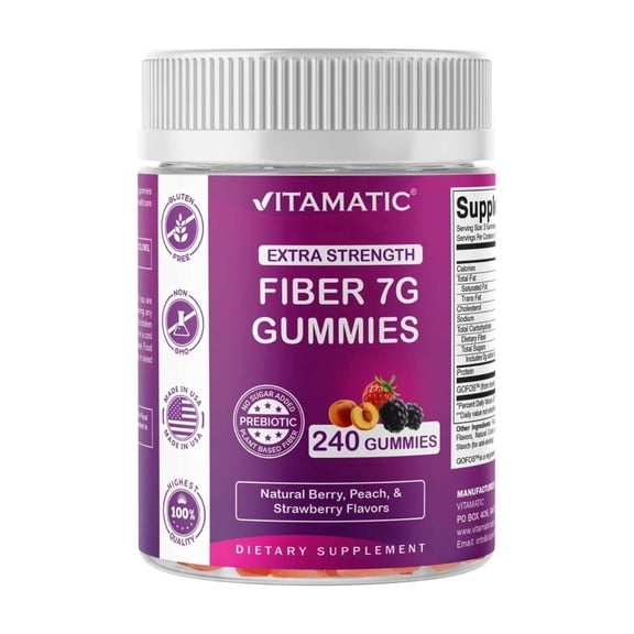 Vitamatic Prebiotic Fiber Gummies for Adults, 7G Extra Strength, Zero Sugar Added, 240 Pectin Based Gummies, Digestive Health & Regularity Support