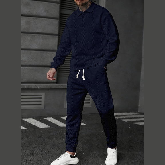 Gamivast Men's Jacquard Knit Tracksuit Long Sleeve Shirt and Drawstring Pants Set Soft Textured Outfit for Casual Golf Daily Lounge Athletic
