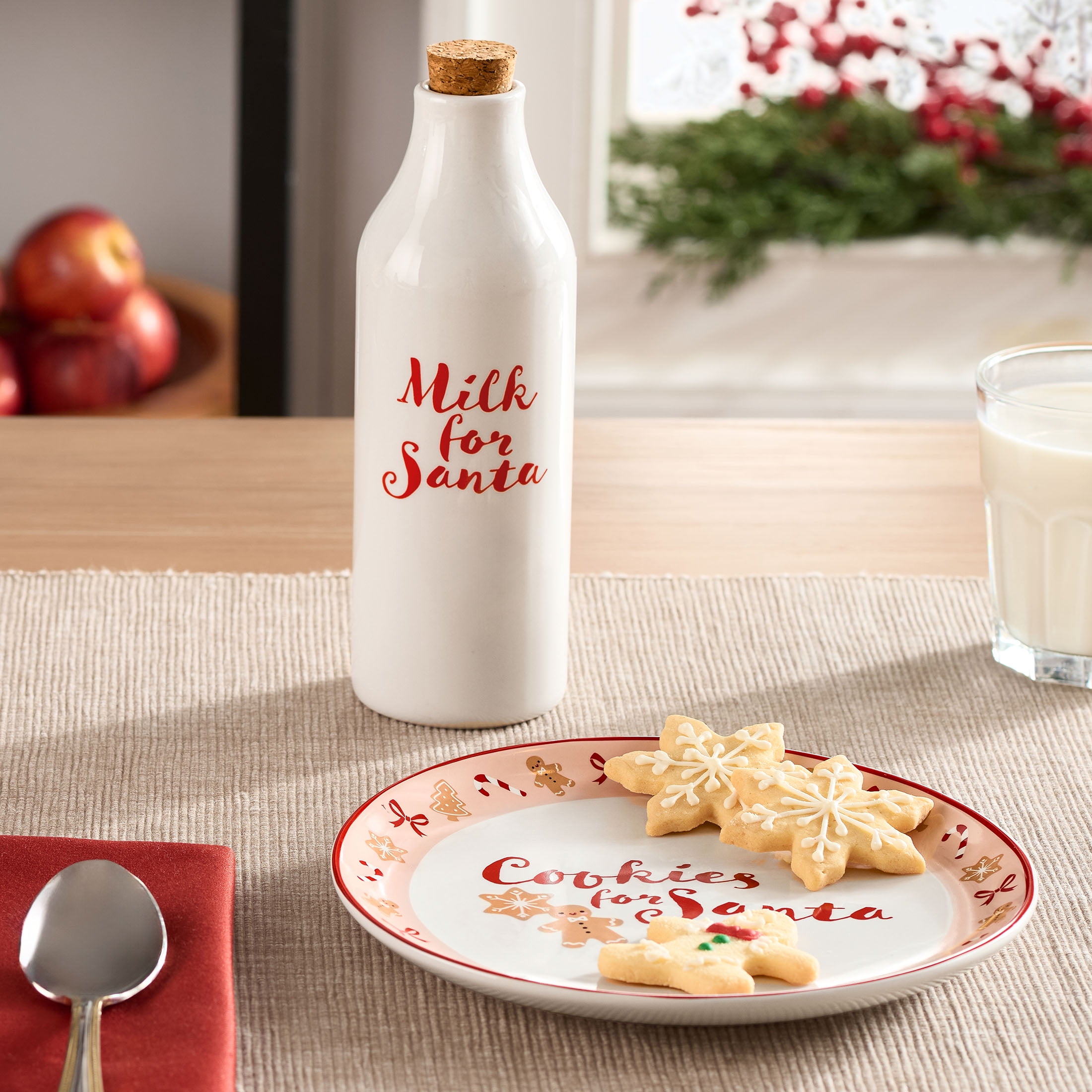 Holiday Time Multicolor Round Glazed Earthenware Ceramic Santa Cookie Plate with Corked Milk Bottle