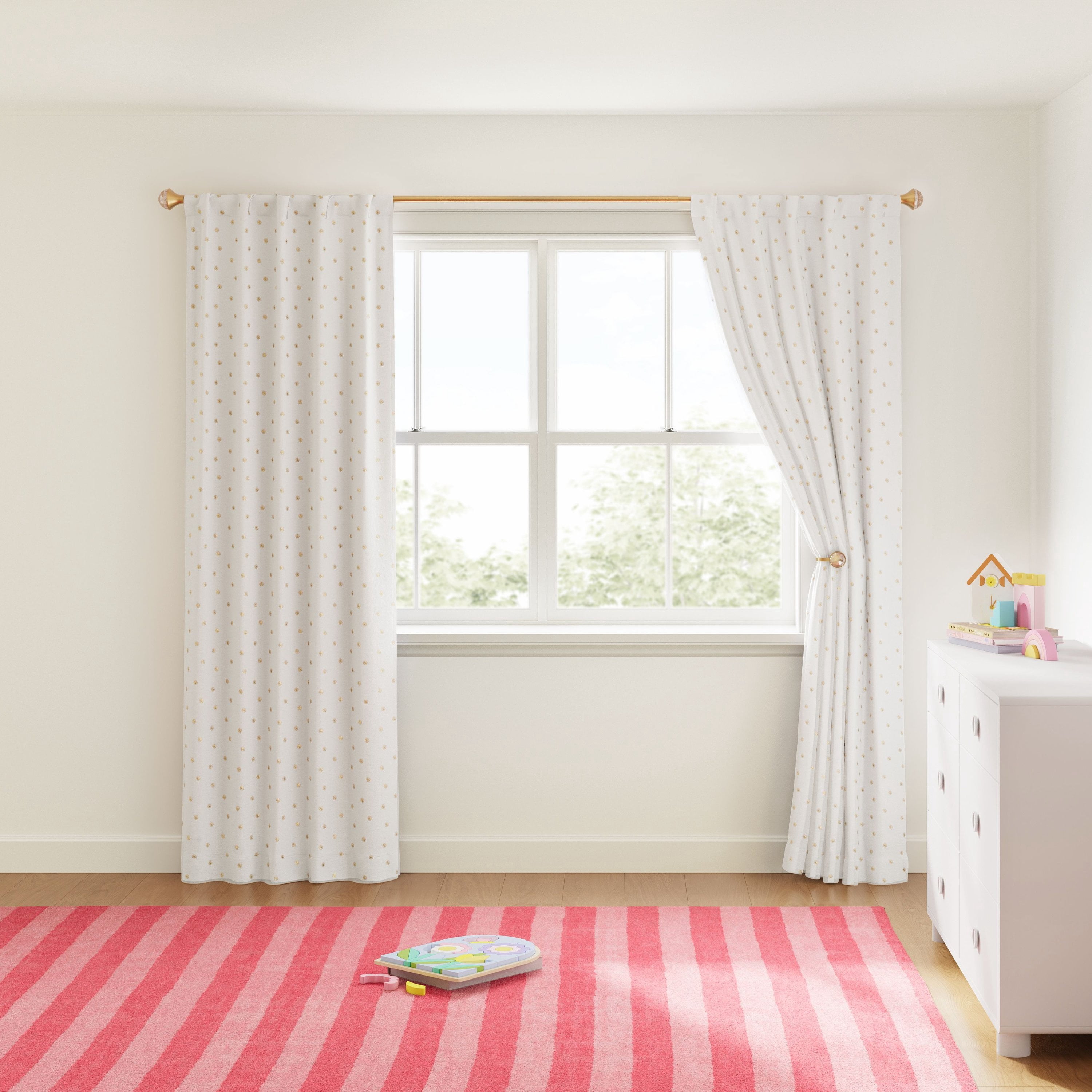 Mainstays Kids White and Metallic Gold Sun Sheer Overlay Blackout Rod Pocket with Back Tabs Single Curtain Panel, 38" W x 84" L