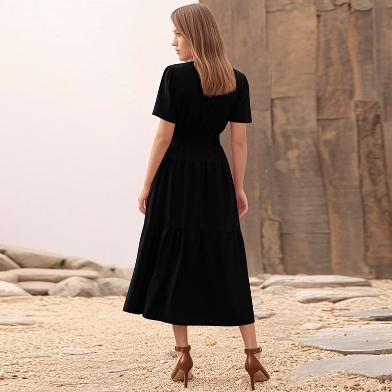 Women's Summer Casual Short Flutter Sleeve Round Neck Smocked Waist Tiered  Boho Flowy Maxi Dress Black S - Walmart.com