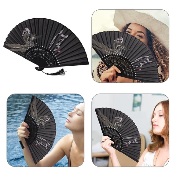 FENGGUIQU Traditional Chinese Folding Hand Fan Black Cloth and Bamboo for Decor Use