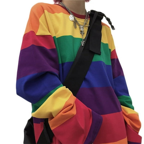 BOOYOU Women Long Sleeve O-Neck T Shirt Harajuku Rainbow Striped Printed Pullover Tunic Tops Hip Hop Oversized Loose Streetwear