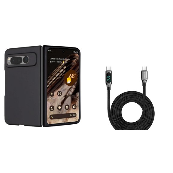 BEMZ Snap-On Series Phone Case for Google Pixel Fold - Slim Protective Matte Cover (Black) with Digital LED Display Fast Charging USB-C to USB-C Cable (3.3 Feet)