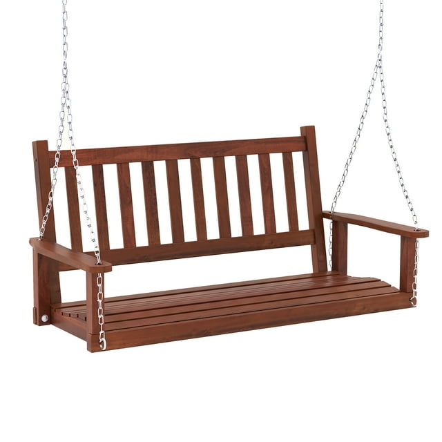 Gymax 2-Person Wooden Porch Swing with Adjustable Galvanized Metal Chains, Brown
