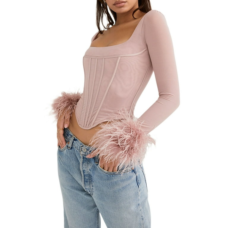 wybzd Women Feather Trim Long Sleeve Top Mesh Sleeve Bustier Corset Top  Tight Shirt Faux Fur Blouse Pink S