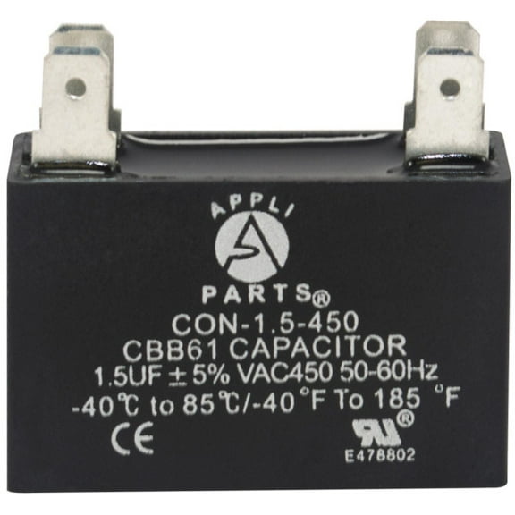 Appli Parts Fan motor Capacitor 1.5 mfd (microfarads) uf 450VAC CBB61 with 4 Terminal connections universal fit for electric fan applications  1-3/8in Width 1/2in Depth 1-1/4in Height CAP-1.5-450