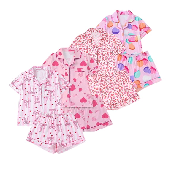 Emy Dola Womens Valentine's Day Pajamas Set Button Down 2 Piece Sleepwear Summer Short Sleeve Tops and Shorts Pjs Set S-2XL