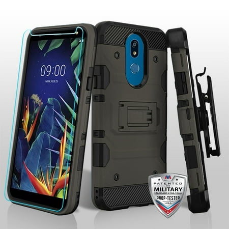 LG K40 Phone Case Combo TUFF Hybrid Impact Armor Rugged TPU Rubber Silicone Shockproof Protective Hard Cover with Holster Belt Clip & Tempered Glass Screen Protector GRAY Case for LG K40