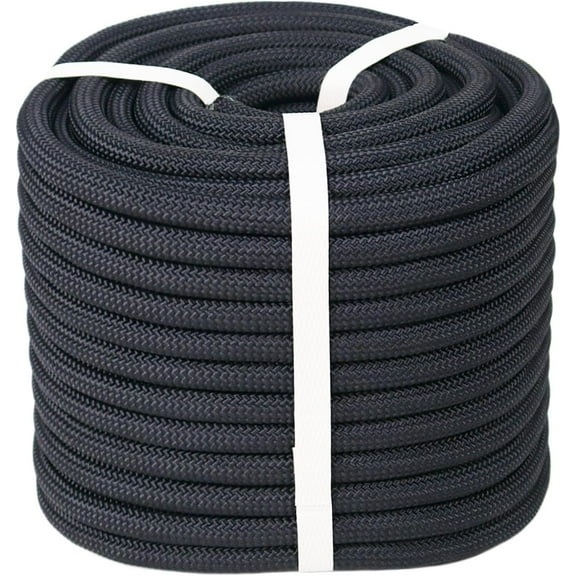 Double Braided Polyester Rope (1/2 in x 50 ft) Strong Arborist Rigging Rope 48 Strands for Tree Work Climbing Camping Sailing, Black