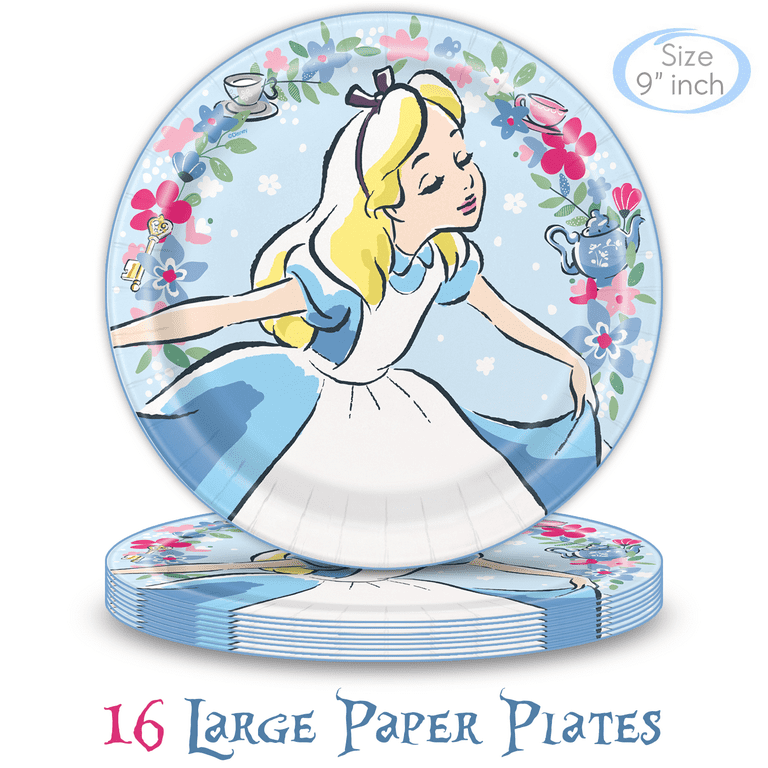 Alice in Wonderland Party Decorations and Tableware for 16 Guests | Mad Hatter Bunting, Plates, Napkins, Cups, Table Cover for Birthday, Baby Shower