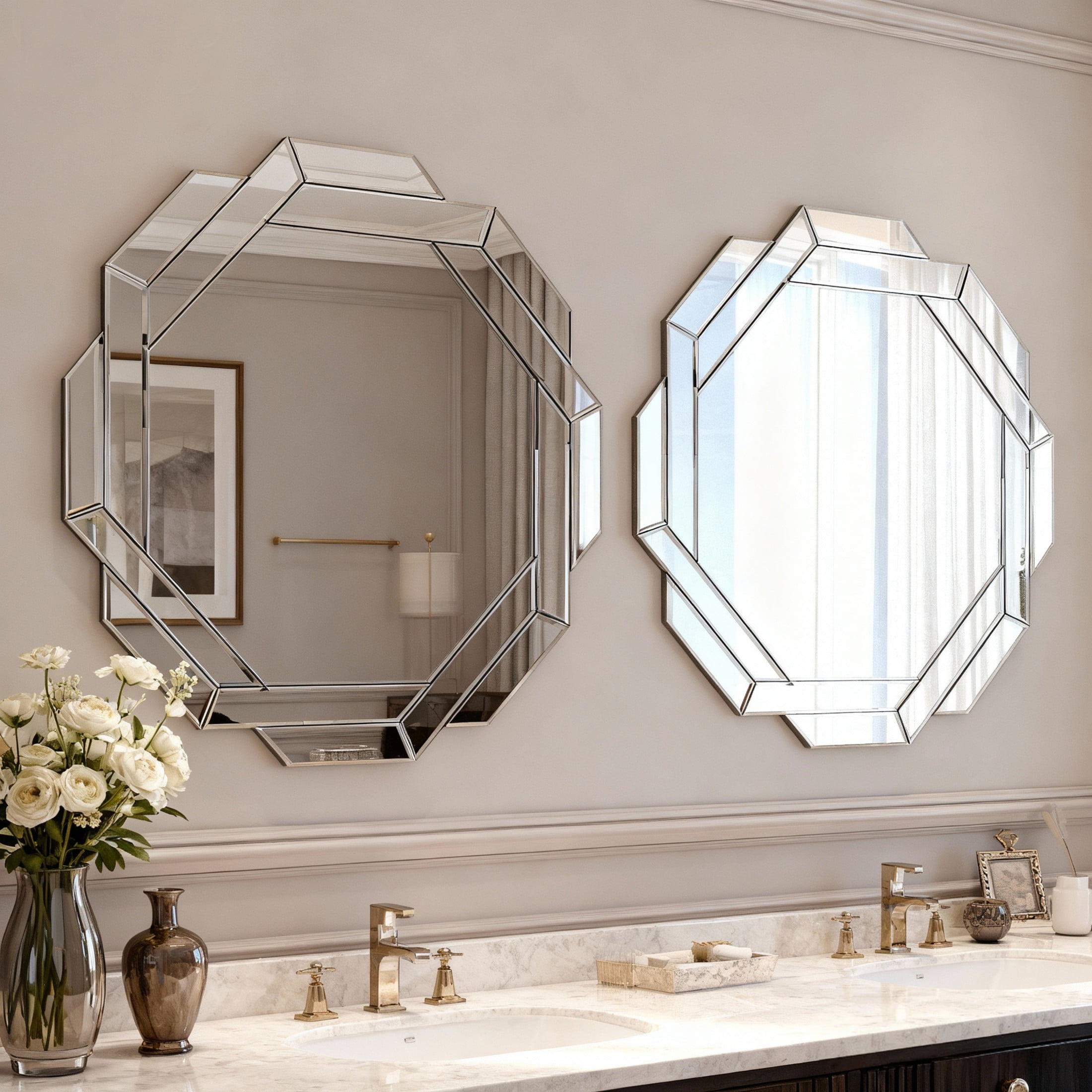 Noble House 29.92" Octagonal Wall Mirror, Frameless Beveled Edge Mirror for Living Room and Bathroom Decor,Silver