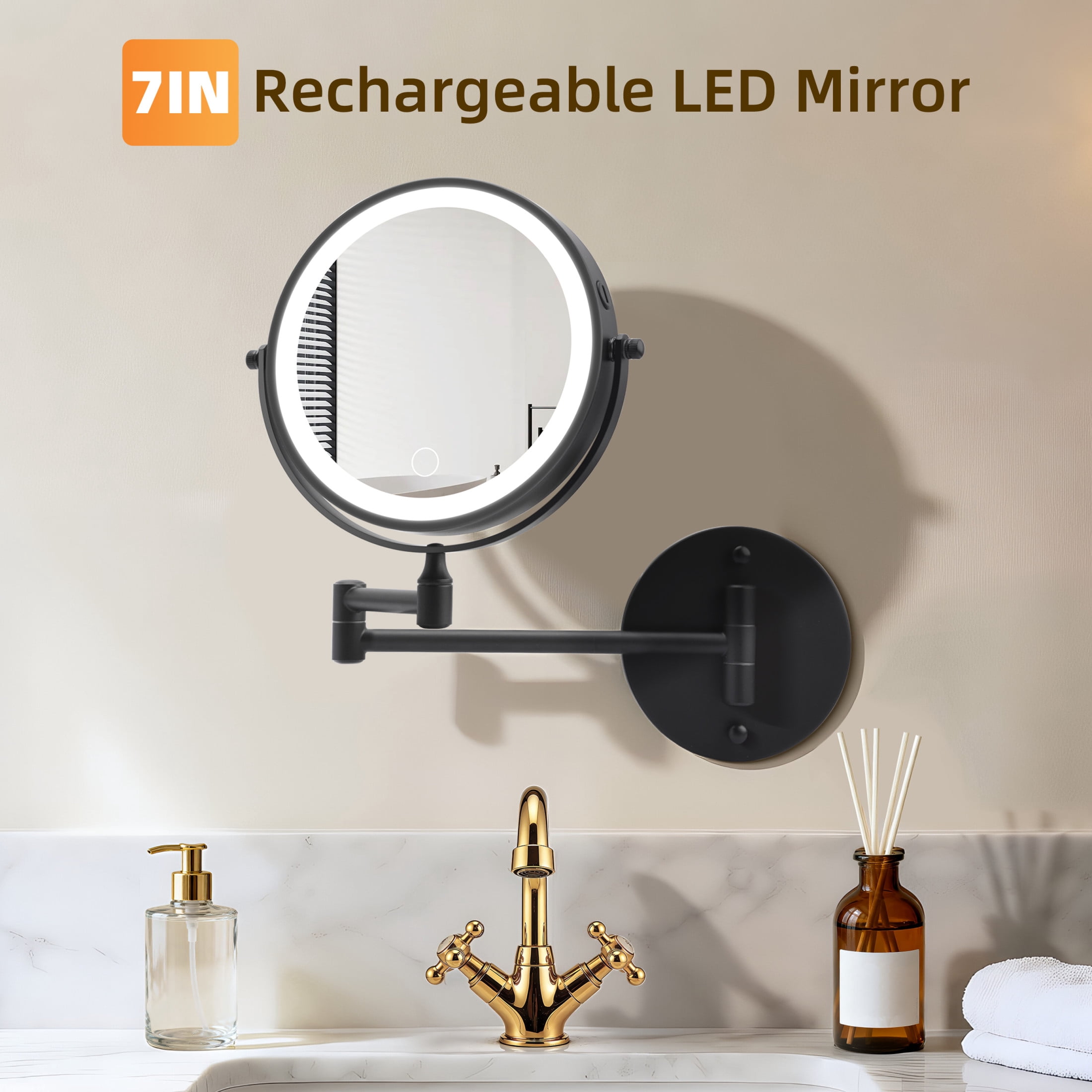 Noble House 10.4" Rechargeable Wall Mounted LED Makeup Mirror, Brushed Double-Sided Rotation Vanity Mirror, Black
