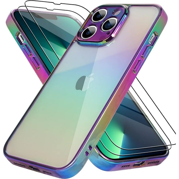 Compatible with iPhone 13 Pro Case Bling Laser Florescent Iridescent Crystal Luxury Case Camera Protector   2* Screen Protector Shockproof Protective Anti-Skid Edge Cover -Purple