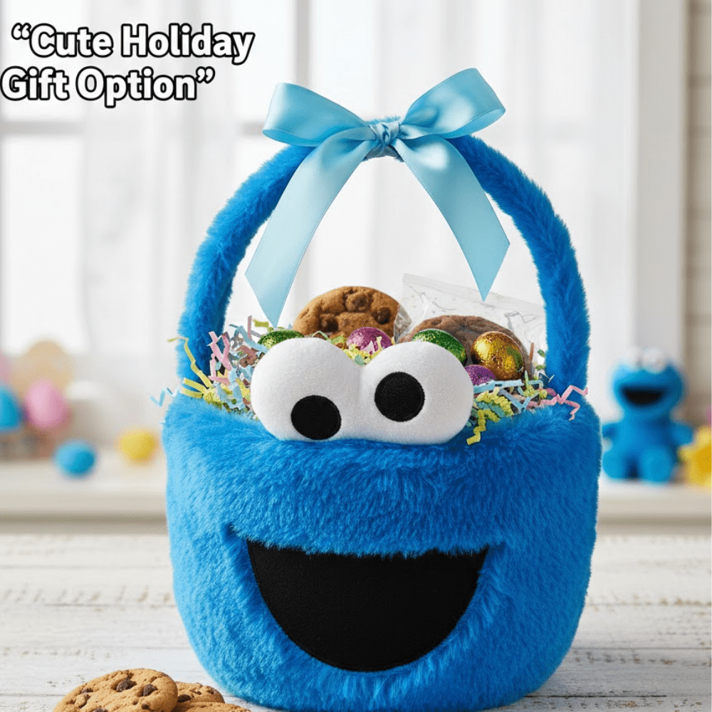 Sesame Street Cookie Monster Plush Easter Basket (1 Pack) – Blue Soft Plush Toy & Stationery Holder with Bonus LaPrima Morceau Bonbon