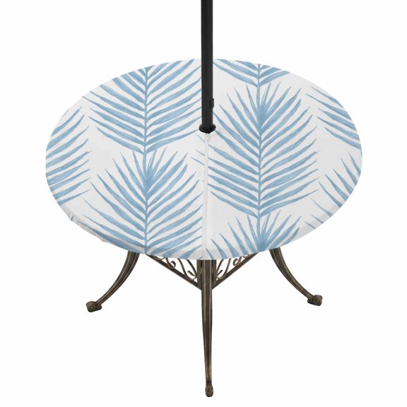Outdoor Tablecloth with Umbrella Hole and Zipper Blue Palm Leaves Round Fitted Table Cover with Elastic Waterproof Tropical Ferns Nature Plant Patio Tablecloths for Picnic BBQS Garden Fit 45"-54"