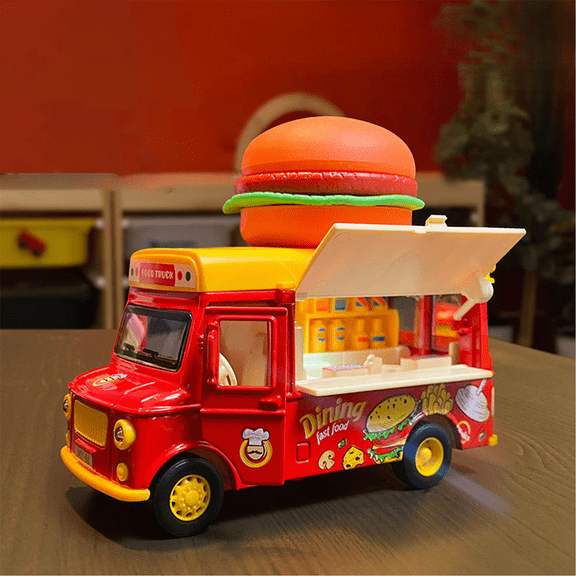Funtogether Toys Die-cast Food Truck Toy for Kids, Realistic Pull Back Alloy Play Vehicle with Lights, Music & Magnetic Sensor, Opening Doors
