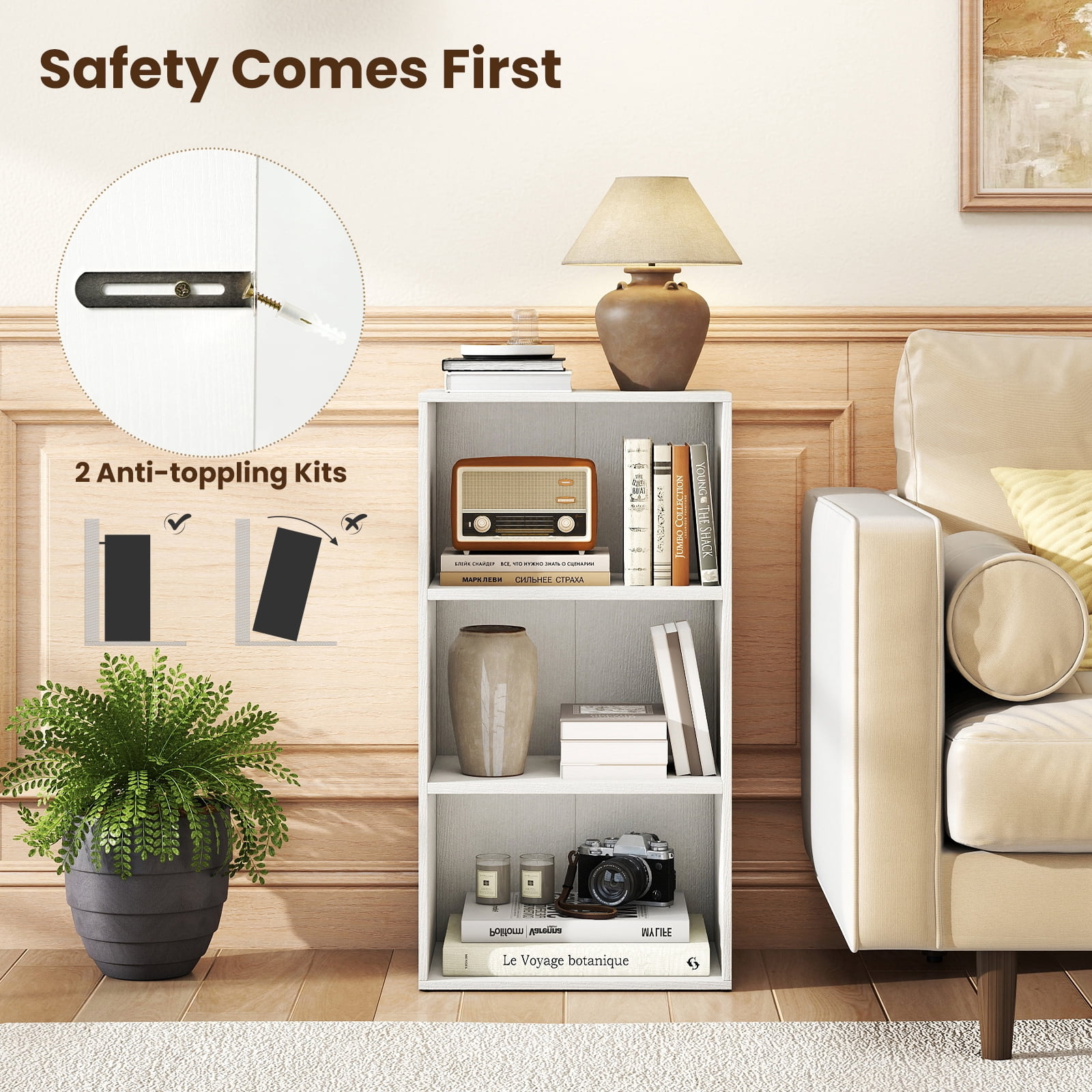 Giantex 3-Cube Bookcase, Floor Standing Open Bookshelf w/7-Position Adjustable Shelves, Modern Display Shelf, White