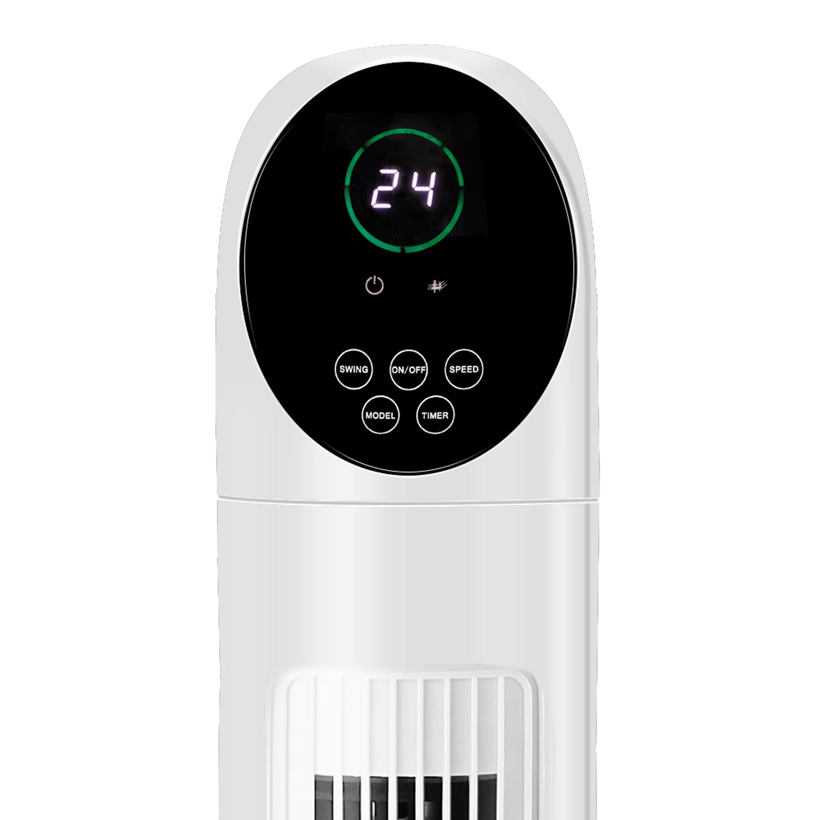 Tower Fan, 110V 50W, 34in, No Water Tank, Remote Control & Digital Display, Plastic Material, Black & White, Concave Arc Head, 9-Hour Timer, Indoor Use
