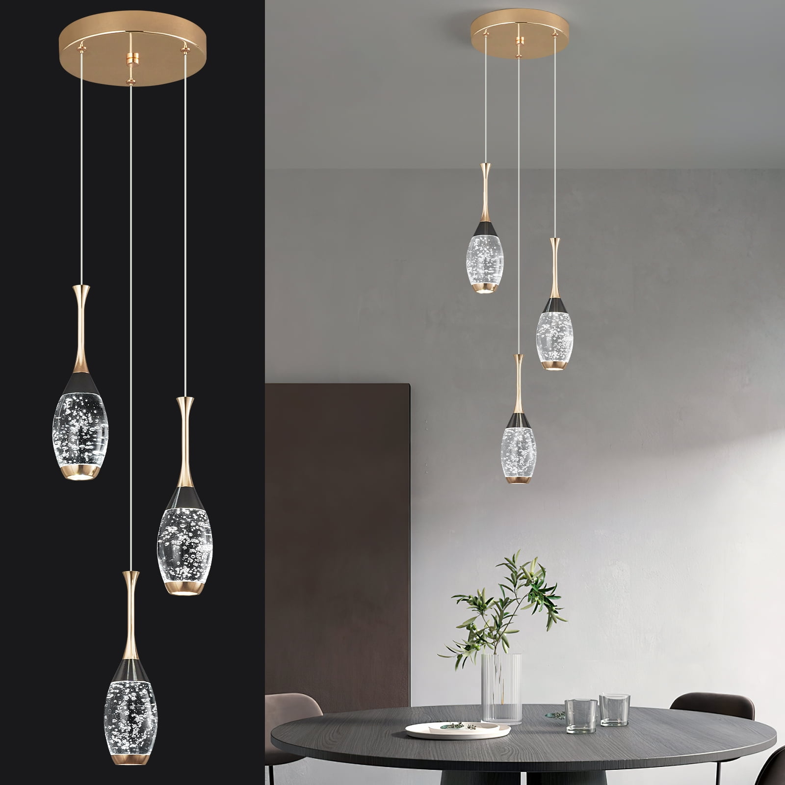 Modern Crystal Pendant Light Teardrop LED Ceiling Light Fixtures Black Gold Dimmable Pendant Lighting for Bedroom Dining Room Kitchen Island（3 Light）