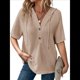 thumbnail image 1 of Blusas de Verano para Mujer, de Punto Gofre, de Corta, con Cordón, Sudaderas con Botones y Cuello en V, Blusas Informales, Camisas. Albaricoque L, 1 of 9