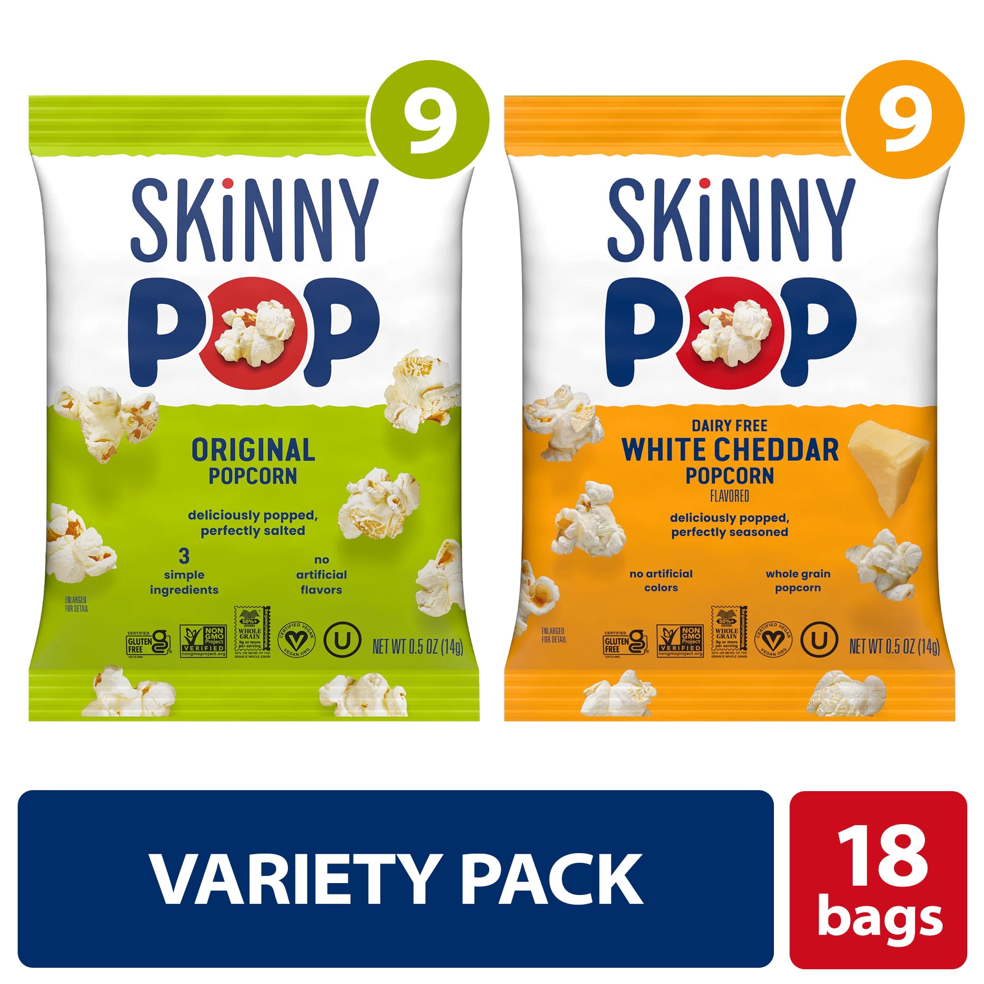 SkinnyPop Gluten-Free Original and Dairy-Free White Cheddar Popcorn Individual Snack Variety Pack, 0.5 oz Bag, 18 Count