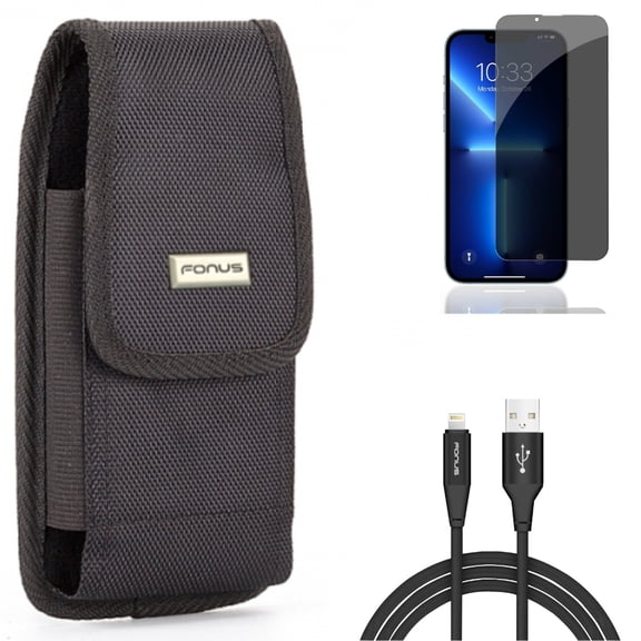Privacy Screen Protector & 6ft USB Cable & Case Belt Clip for iPhone 13,Pro ONLY - Tempered Glass Curved Anti-Spy   Charger Cord Power Wire   Swivel Holster Rugged Combo