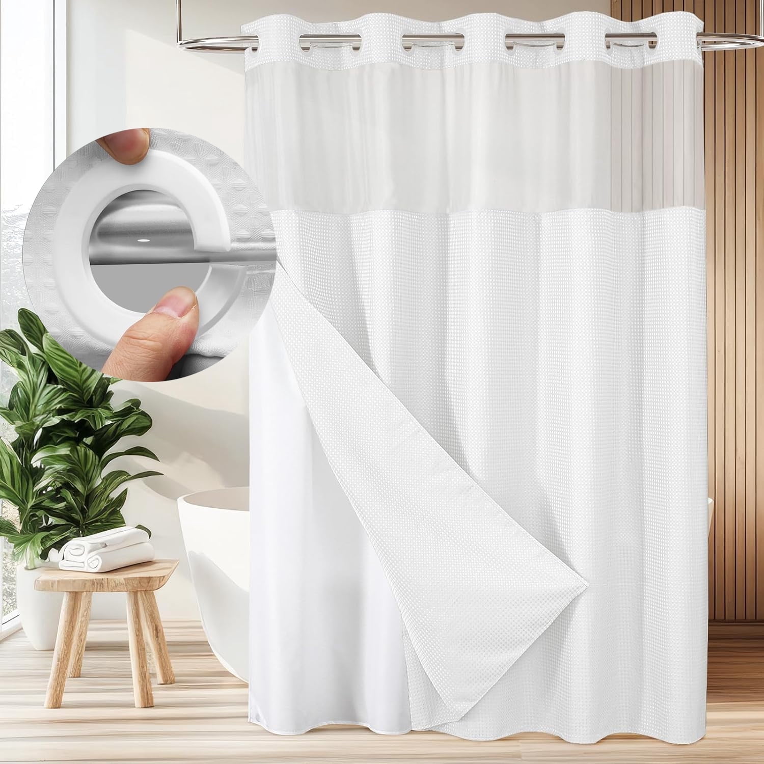 Zrodlmo No Hook Fabric Shower Curtain with Snap Liner, White photo 1