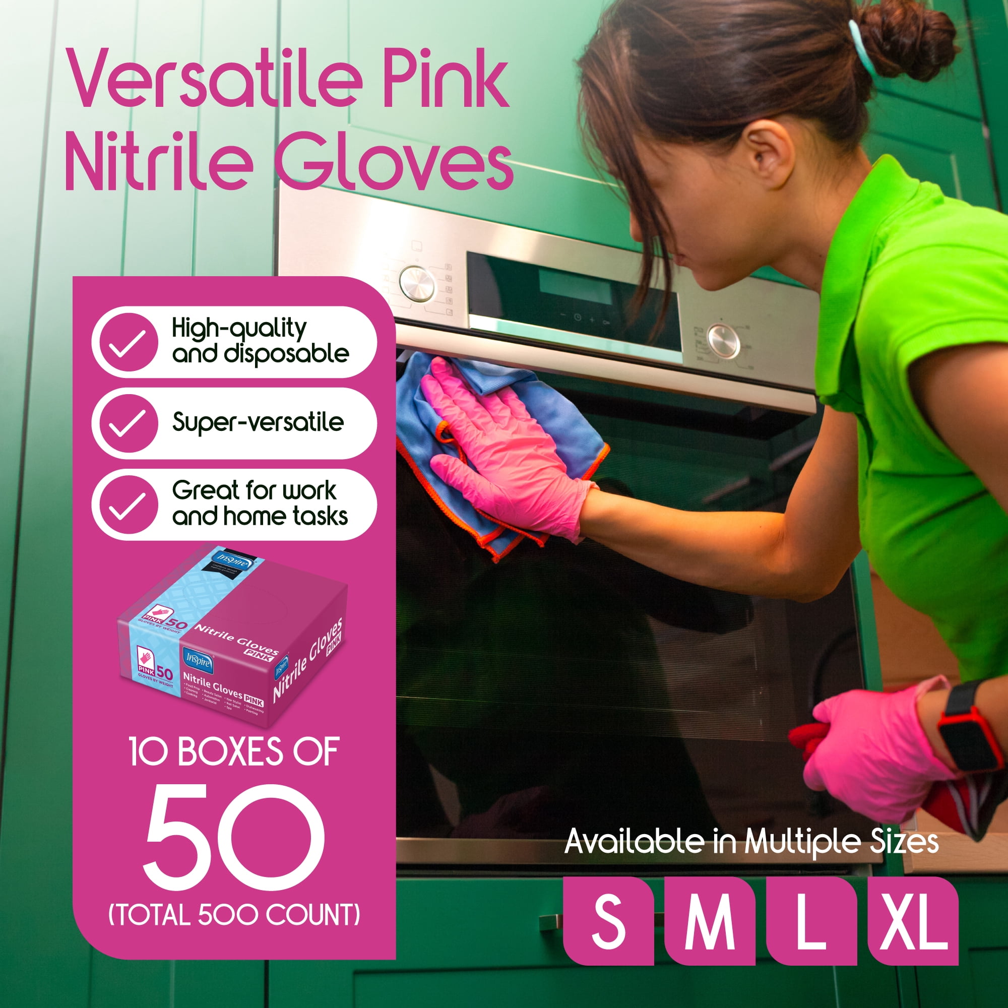 Inspire Pink Nitrile Gloves, Disposable Latex Free, Hair and Nail Salon 10 Pack Value Size Large