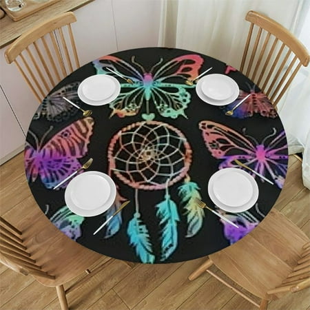 

HAOXIT Round Tablecloths - Colorful Butterfly Dreamcatcher Neon Design Wrinkle and Water Resistant Fabric Tablecloths Kitchen Tablecloths for Dinner 31-35