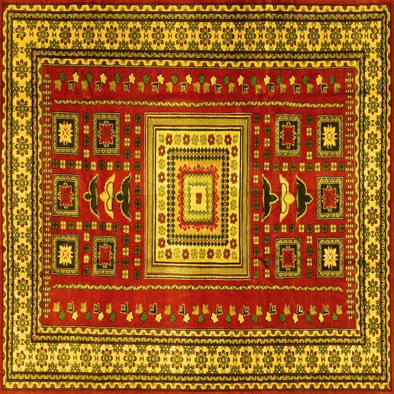 Ahgly Company Machine Washable Indoor Square Geometric Yellow Traditional Area Rugs, 3' Square