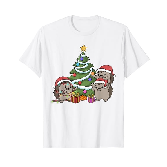 Christmas Hedgehog Tshirt Kids Christmas Tree Lights Baubles White T-Shirt