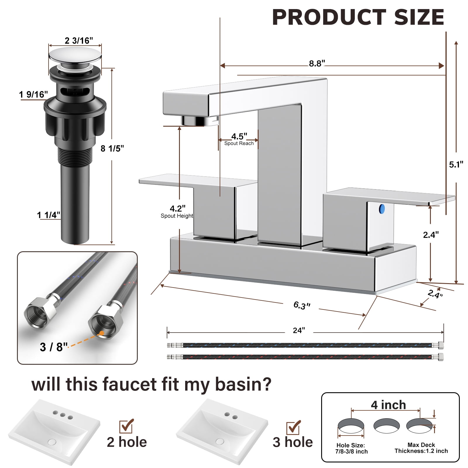 KINGTACK Bathroom Faucets, 4 Inch Chrome Bathroom Faucets for Sink 3 Hole, 2 Handle Bathroom Sink Faucets with Pop-up Drain and Supply Lines