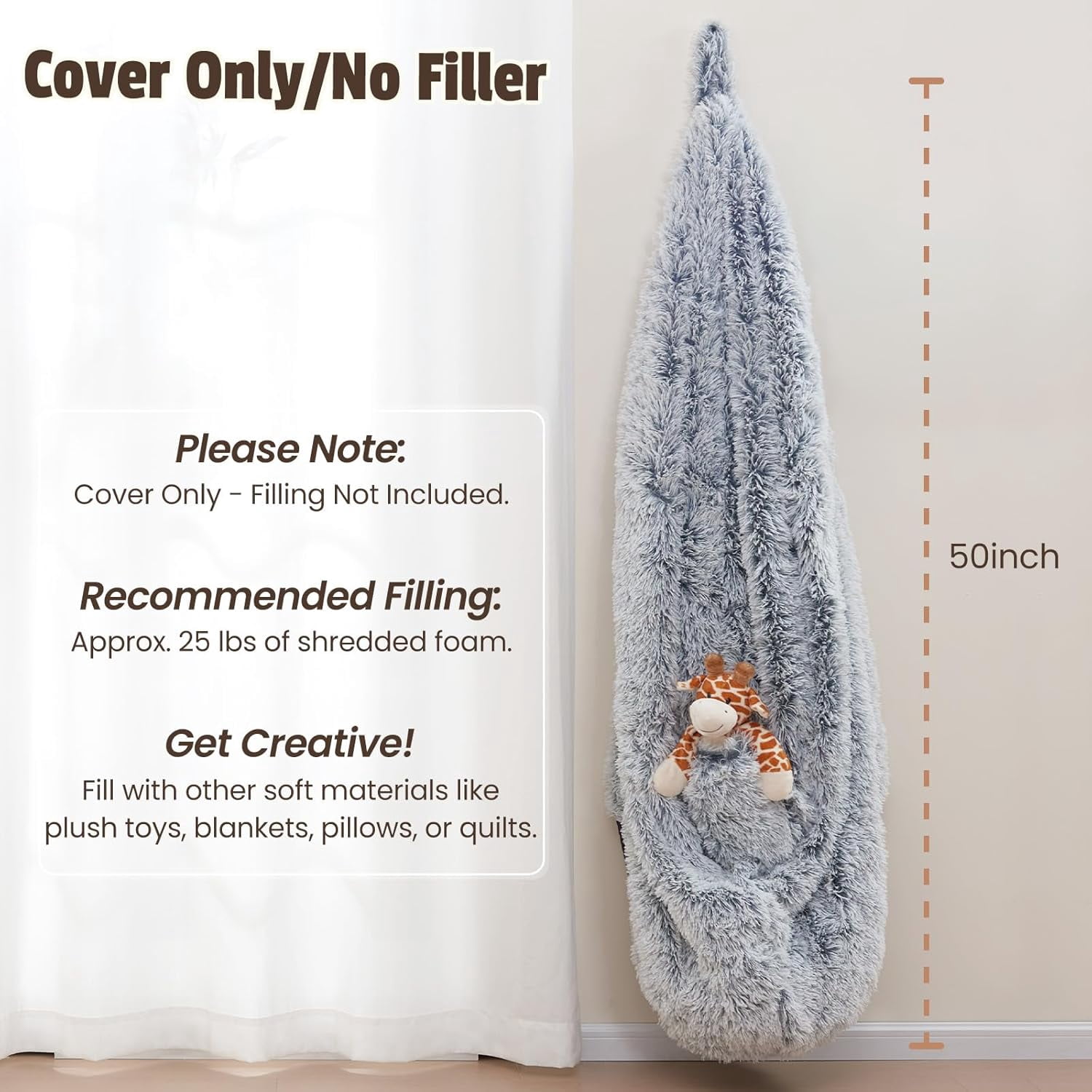Comfy Soft Bean Bag Chair Cover for Teens Adults Boys, Living Room Furniture No Filler Cover Only, Stuffed Animal Bean Bag Chair with Side Pocket Anti-Slip Bottom